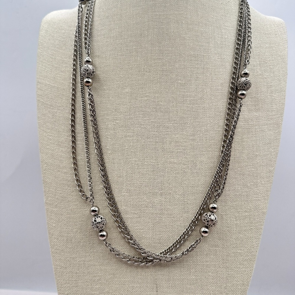 Vintage 80s Silver Tone Domonique CZ Triple Layered Box Chain Necklace Jewelry